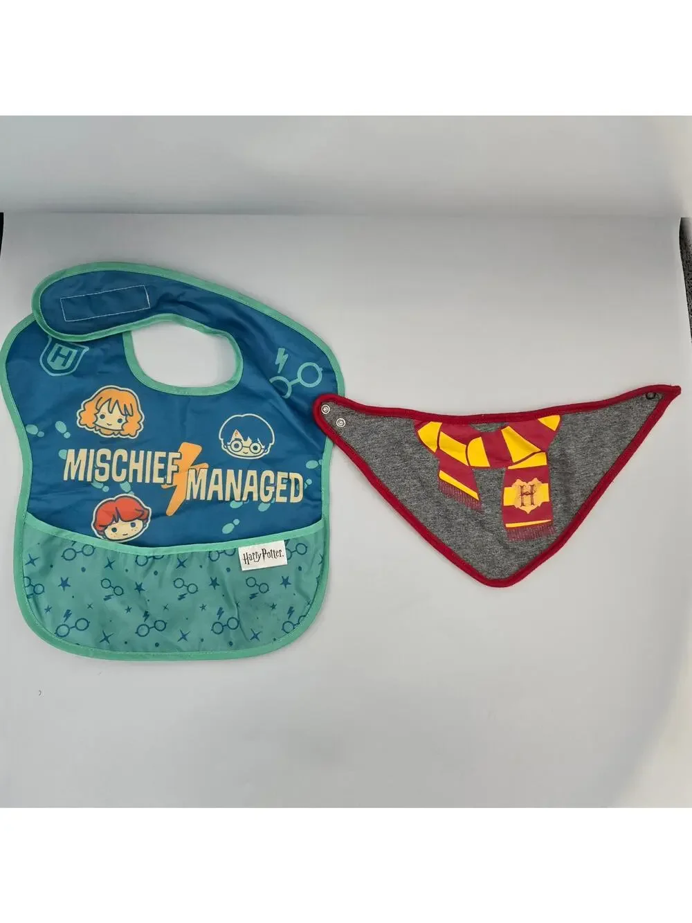 Two Harry Potter Baby Bibs Mischief Managed with Pocket and Harry Scarf Bandana